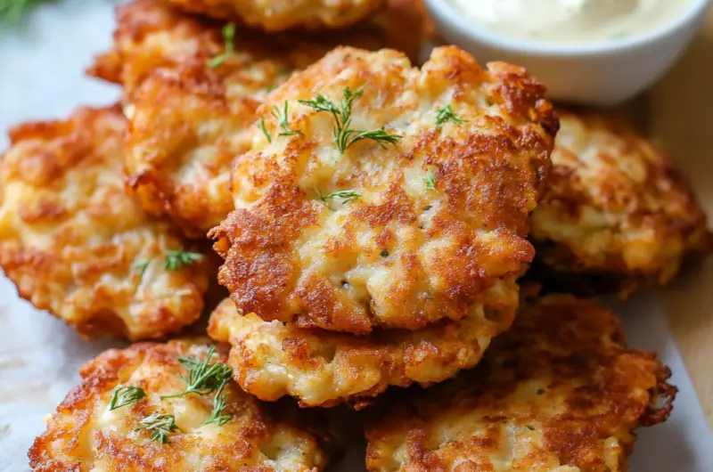 Cheesy Chicken Fritters with Garlic Aioli Dip