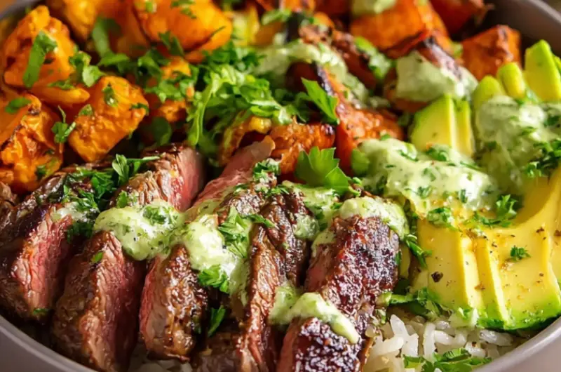 Steak and Sweet Potato Bowls with Avocado-Cilantro Drizzle