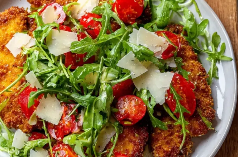 Crispy Chicken Milanese with Tomato Arugula Salad