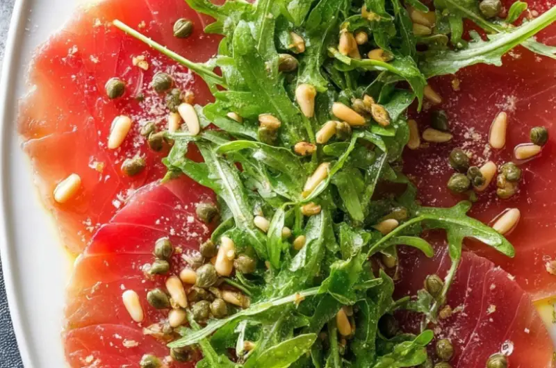 Classic Tuna Carpaccio with Arugula, Capers, and Pine Nuts