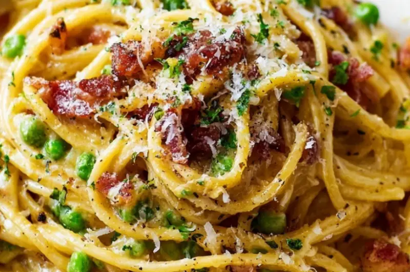 Quick Pasta alla Carbonara with Peas and Bacon