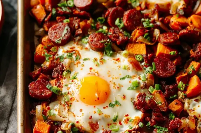 Sweet Potato Hash with Chorizo and Baked Eggs